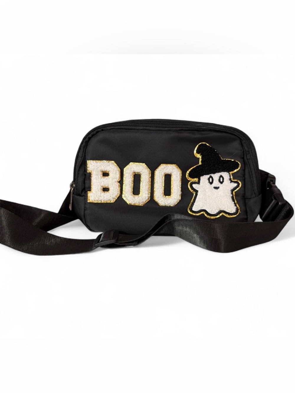 Halloween Boo Ghost Crossbody Bag Black Gold Adjustable Strap
